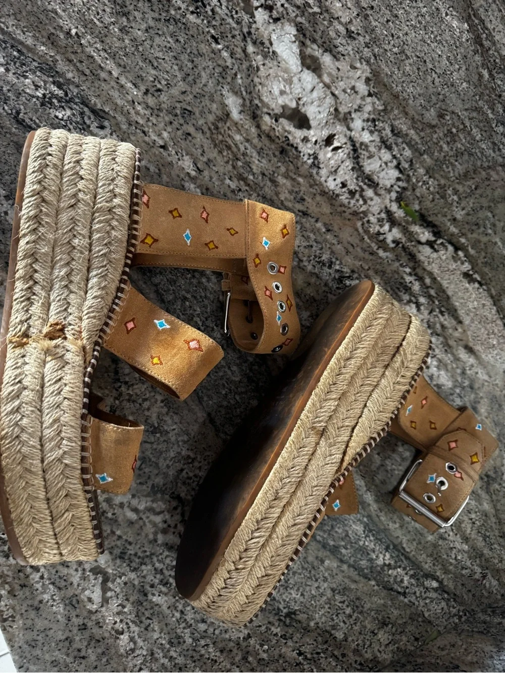 rag & bone Tan Suede Embroidered Platform Espadrilles